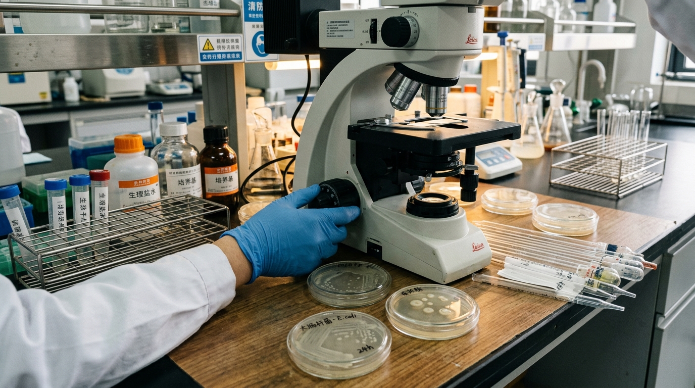 Microscopio y placas de Petri en laboratorio para el estudio de bacterias magnéticas
