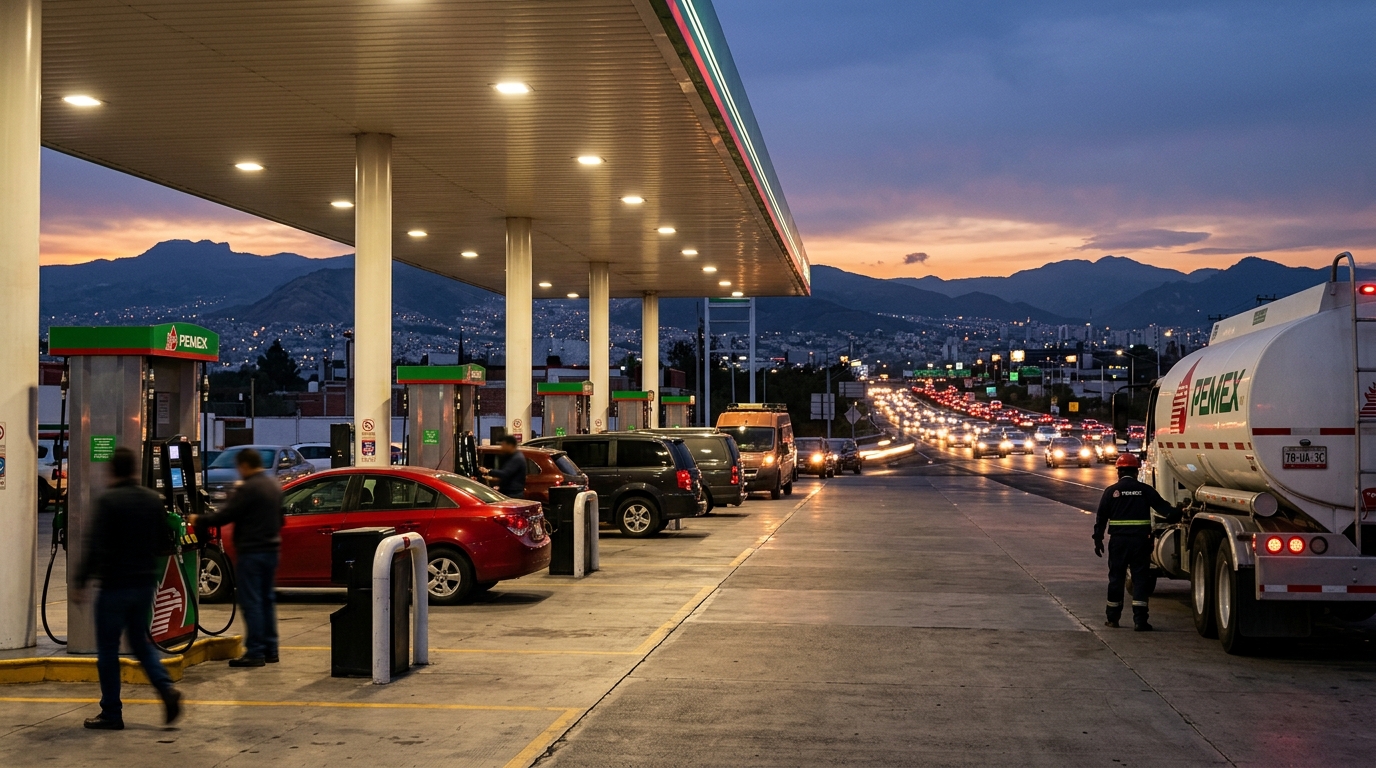 Bomba de gasolina en México con precios y subsidio a gasolinas visible