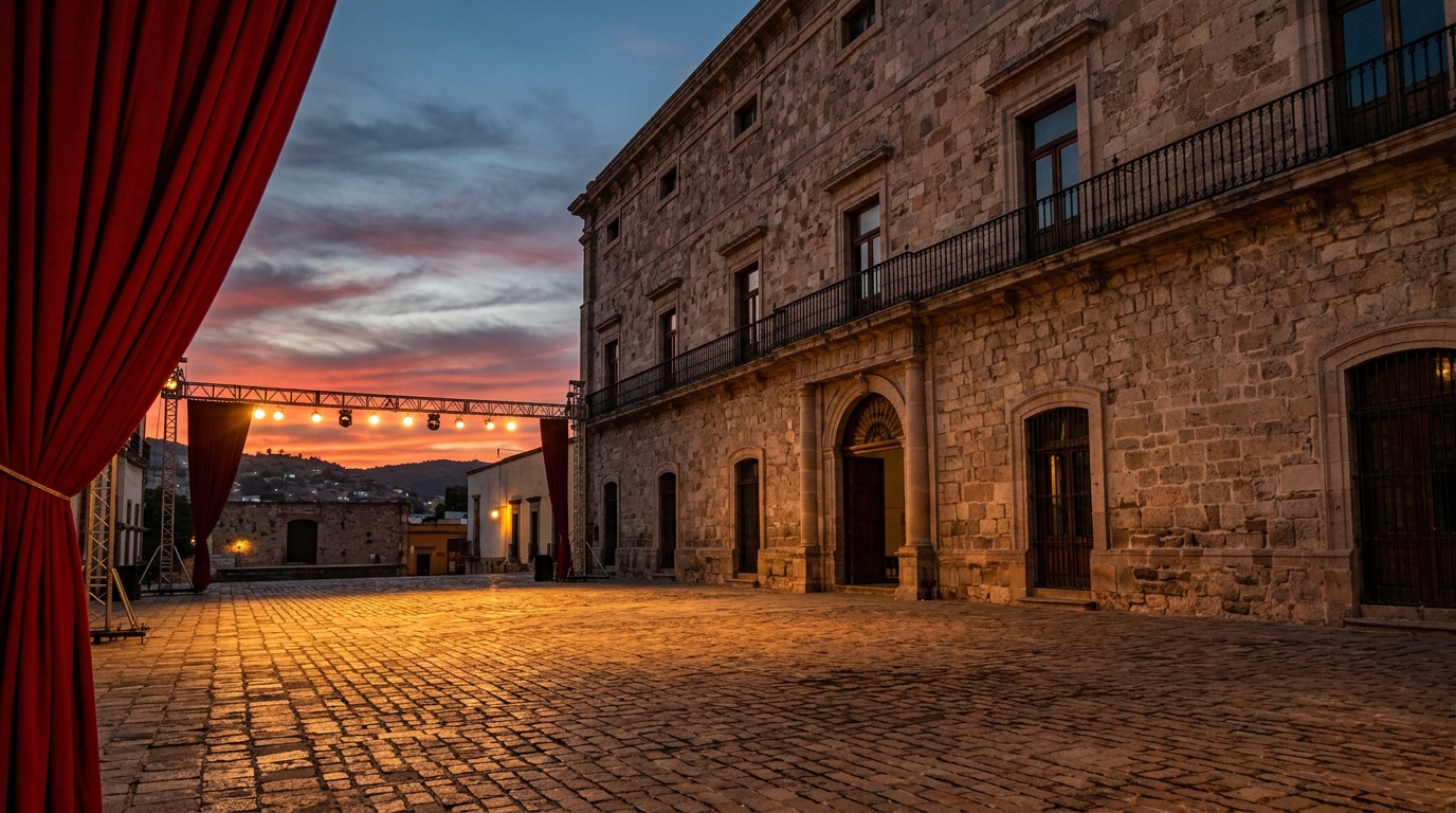 Explanada de la Alhóndiga de Granaditas iluminada en la inauguración del Festival Internacional Cervantino 2026